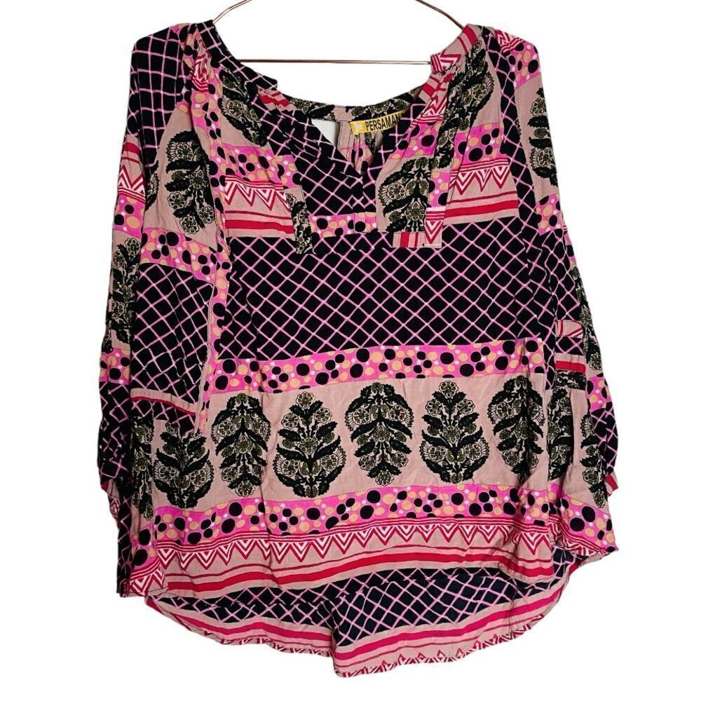EUC Persaman NY Pink Graphic Printed Blouse Large